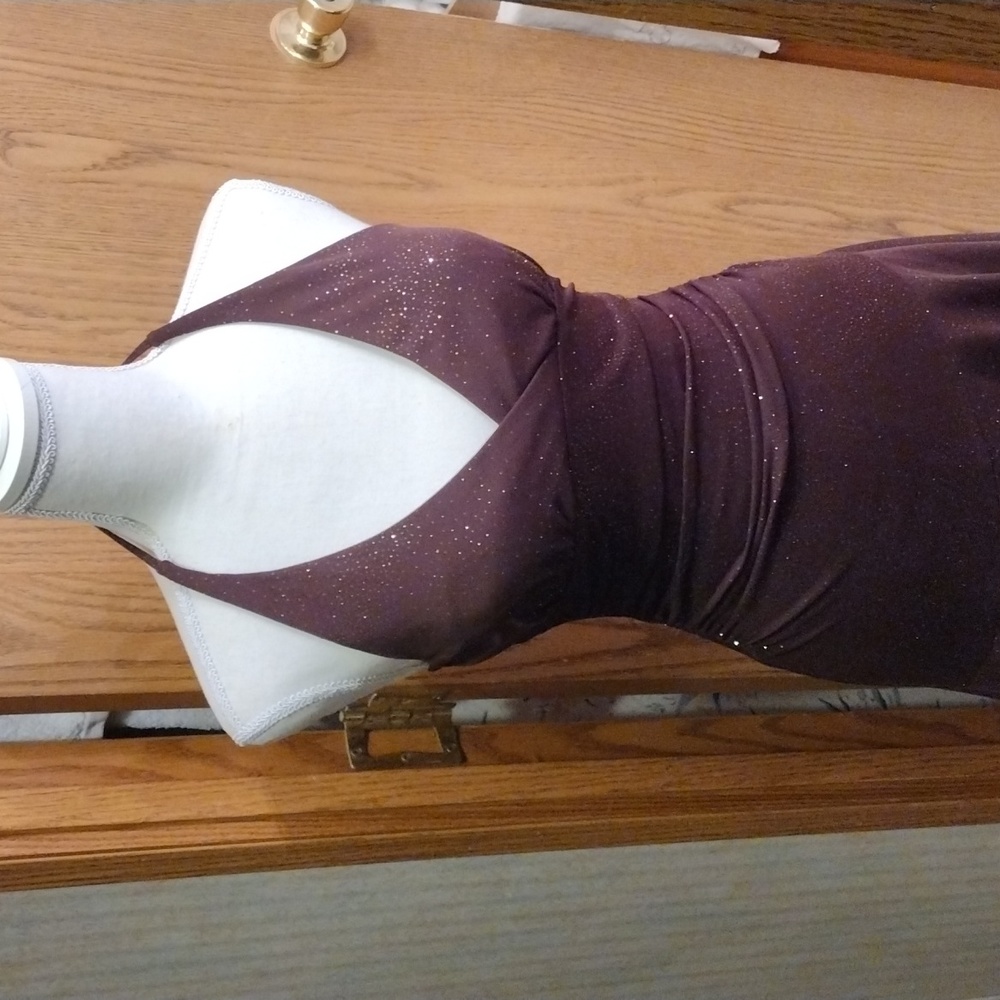 Sexy, dark brown, tie-around-the-neck, flattering, sparkling, dress
